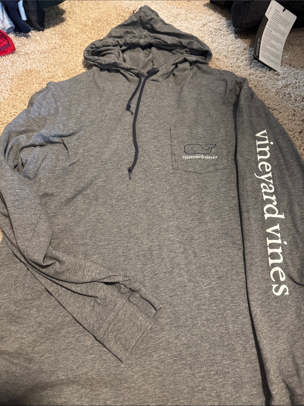Vineyard Vines Gray Hooded Long-Sleeve Pullover with Sleeve Logo